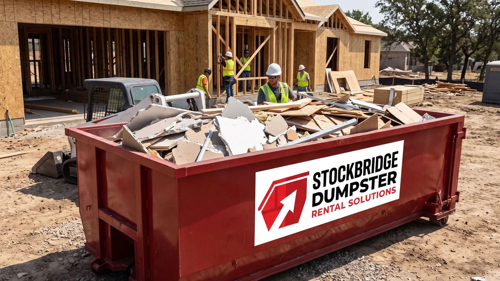 Construction dumpster full of debris on a Stockbridge framing job site with a crew working