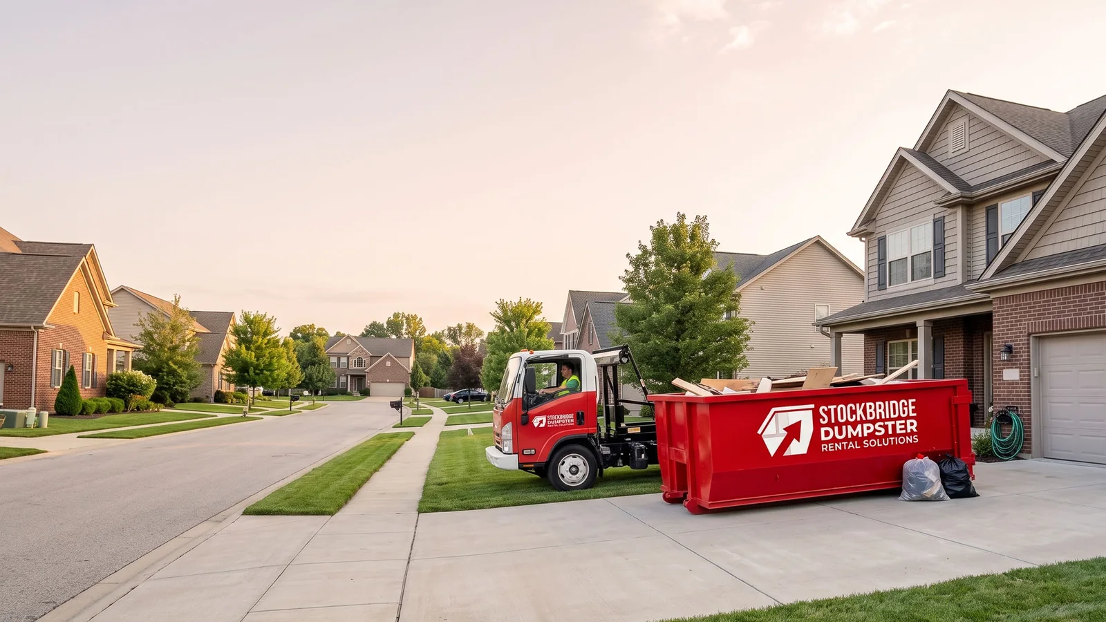 Stockbridge Dumpster Rental Solutions truck delivering a roll-off dumpster