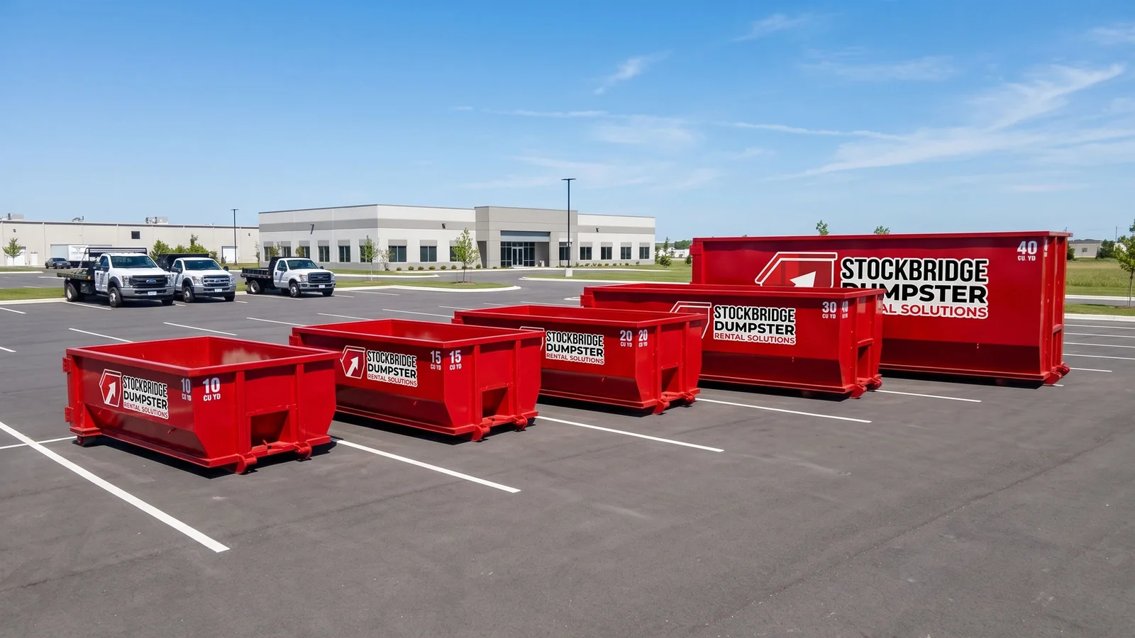 Stockbridge Dumpster Rental Solutions roll-off dumpster fleet from 10 to 40 yards